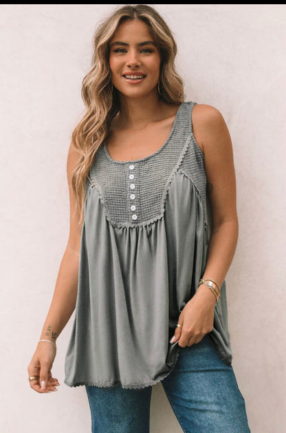 Umgee Gray Sleeveless Swing Top with Waffle Weave Boddice