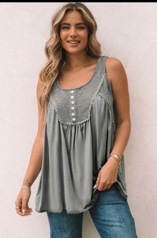 Umgee Gray Sleeveless Swing Top with Waffle Weave Boddice