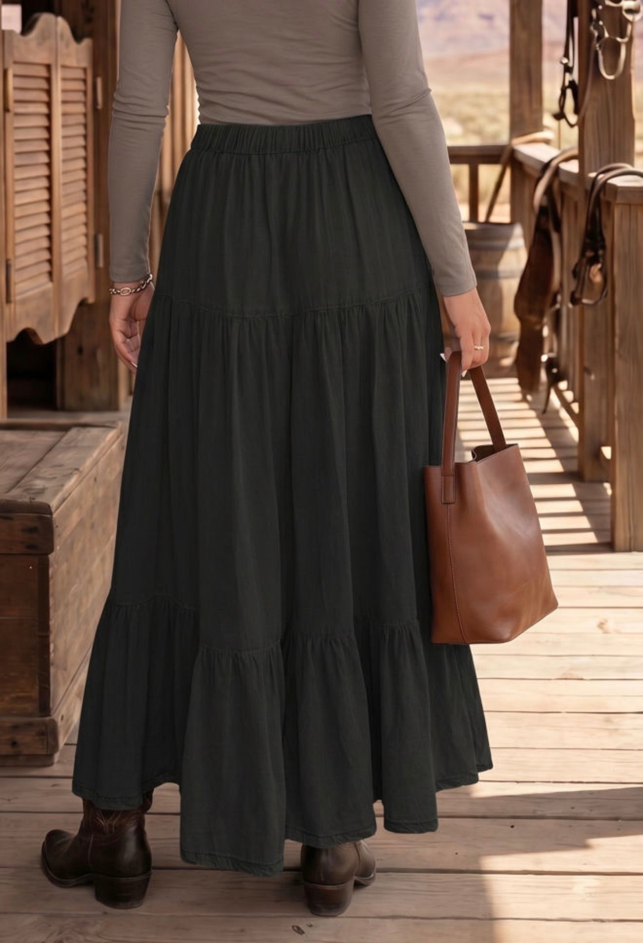 MLBS Black Tiered Hem Maxi Skirt with Elastic Waist