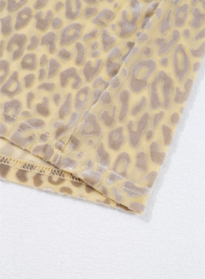 Beige Textured Animal Print Blouse with Elastic Neckline and Cuffs