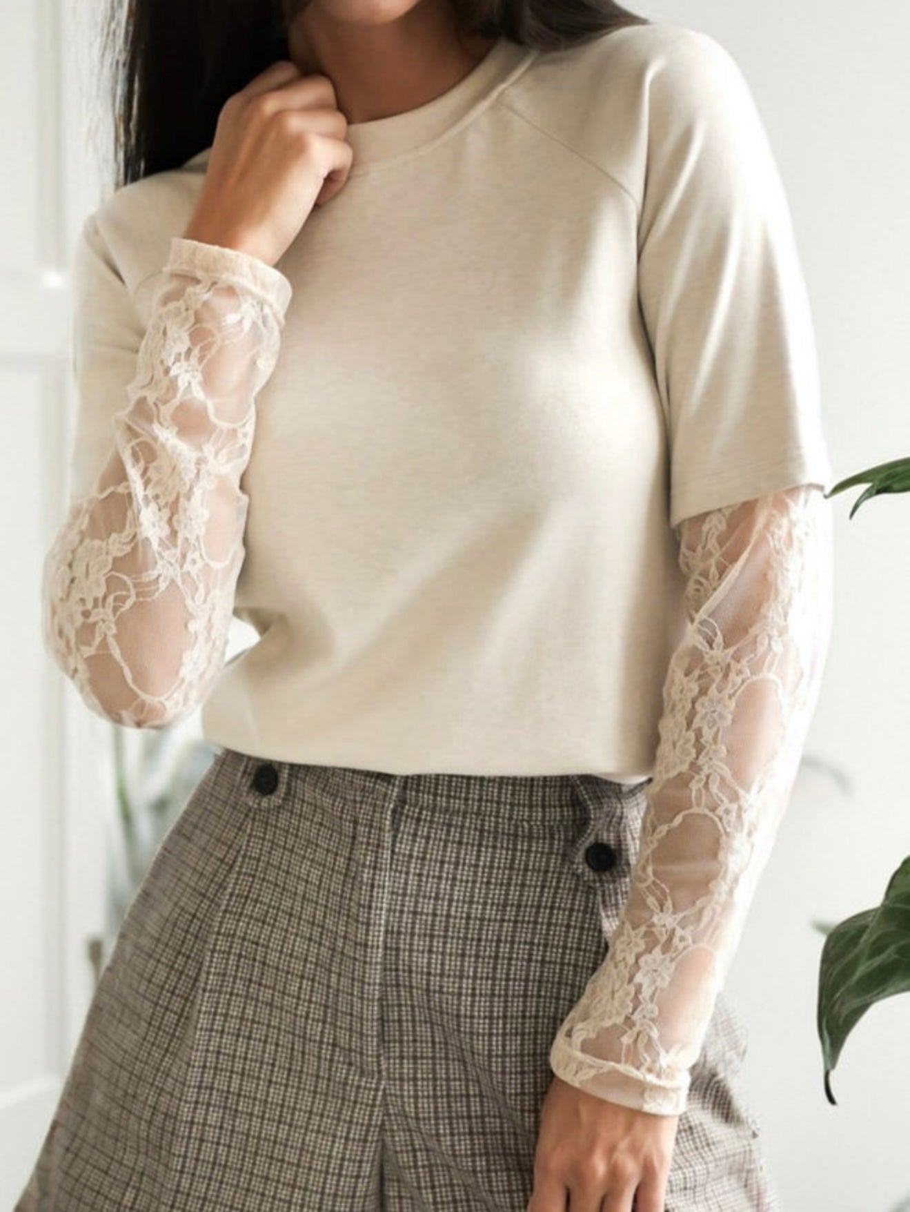 A40 Beige T Shirt Top with Lace Sleeves - Ivy's Gifts & Boutique