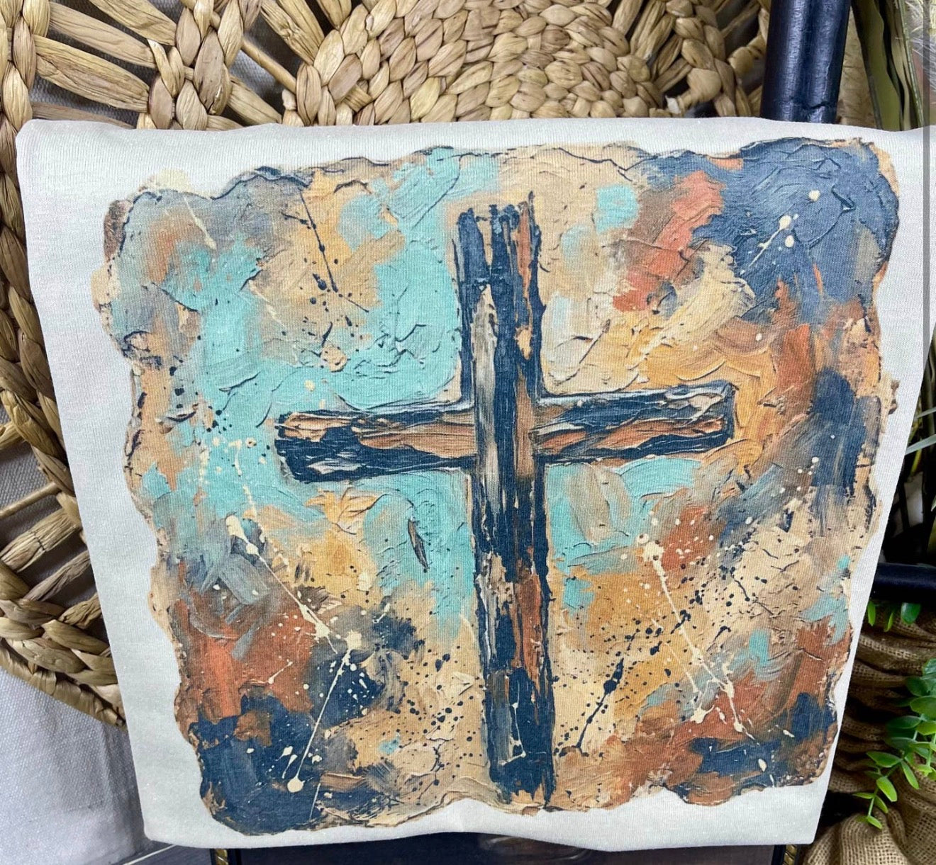 FFC Fall Watercolor Style Background T Shirt with Black Rugged Cross Design