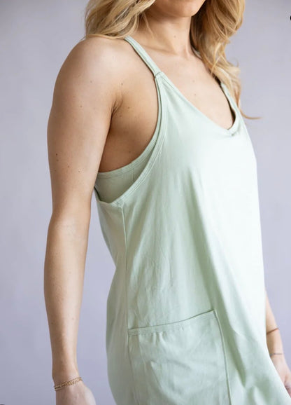 Light green Simply Southern romper with short sleeves and relaxed fit, perfect for casual summer wear.