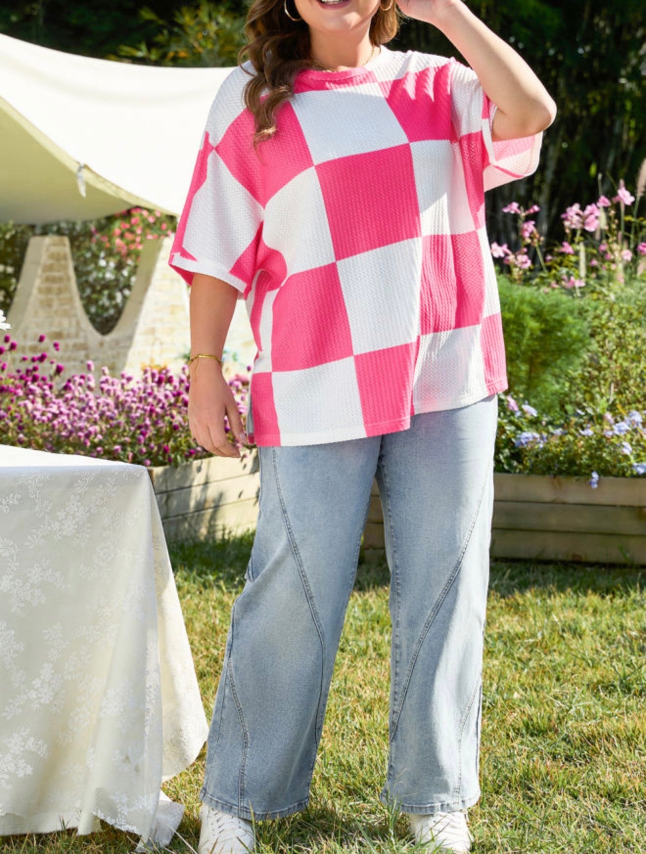PP29 Hot Pink and White Rib Texture Checkerboard Top with Drop Shoulder and Short Sleeves