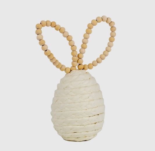 Ivory Basket Rope Wrapped Egg with Wooden Beaded Ears