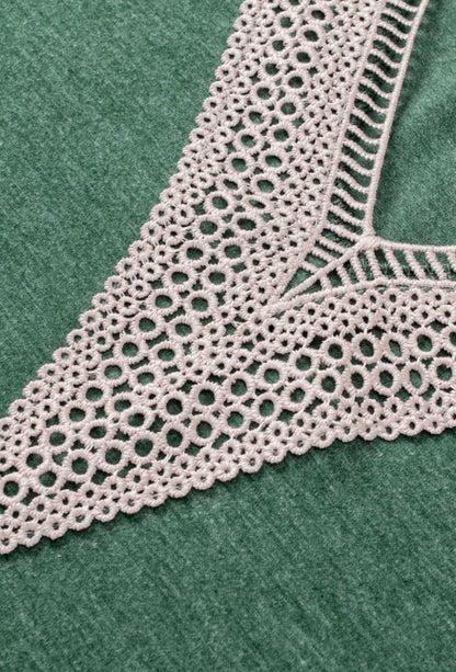 Green Top with Crochet Neck Trim and Criss Cross Sleeve
