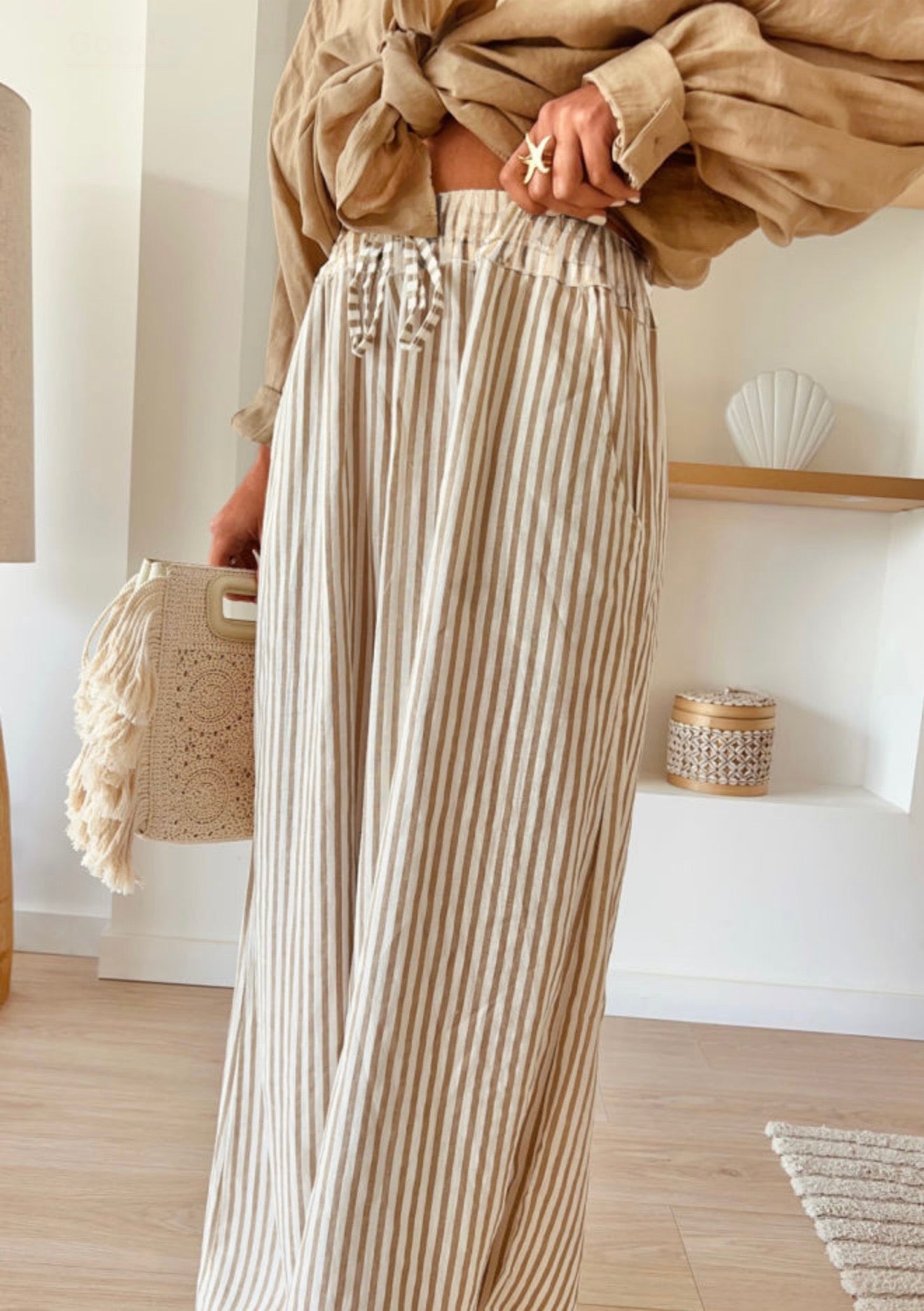 Khaki striped wide leg, drawstring pants