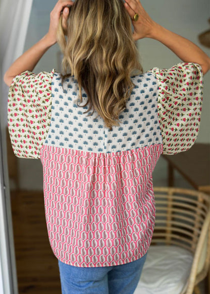 Multi Print Color Block Design Top with Pearl Button