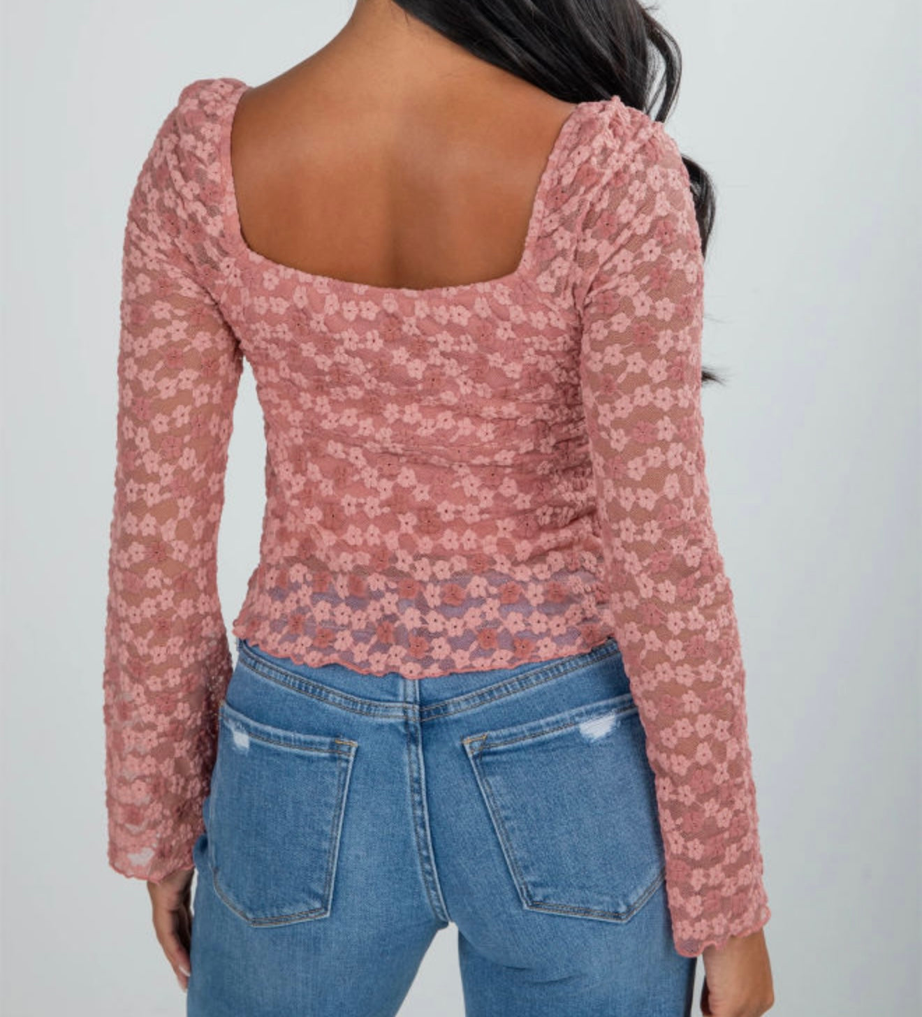 Pink floral lace top with a flattering neckline, designed by Ivy's Gifts & Boutique, displayed on a neutral background.
