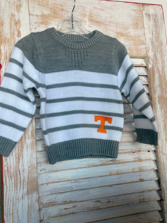 Gray and white striped sweater with Power T embellishment by Ivy's Gifts & Boutique, showcasing cozy knit fabric and stylish design.
