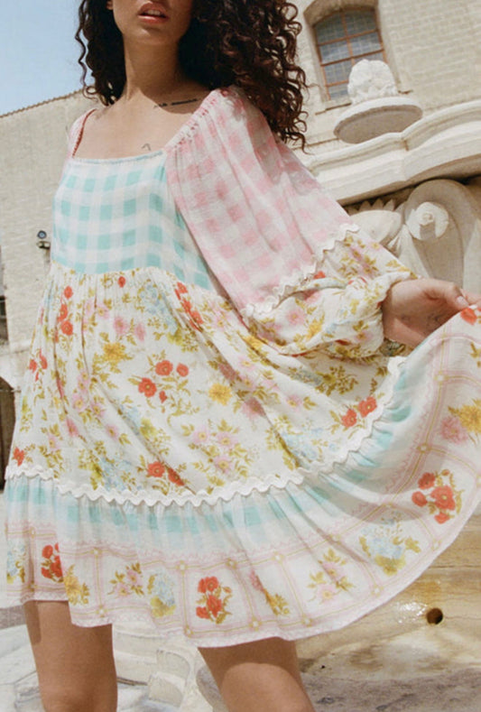 Patchwork Gingham and Floral Print Dress with Rick rack accent
