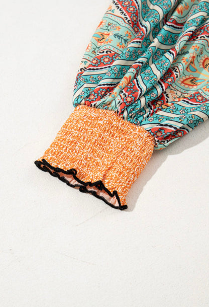 Multi Print Button Up Blouse with Elastic Cuff Sleeves
