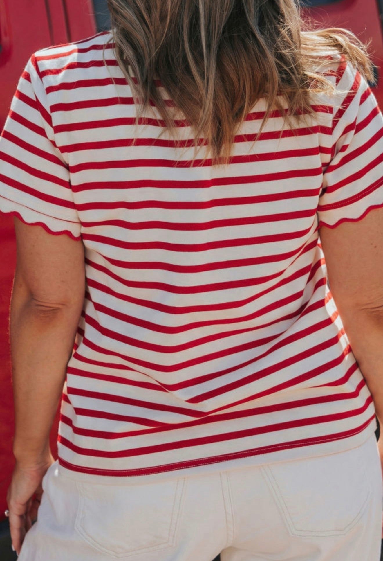 PP22 Red and White Stripe Short Sleeve Top with Scalloped Edge Sleeve Hem and Neckline
