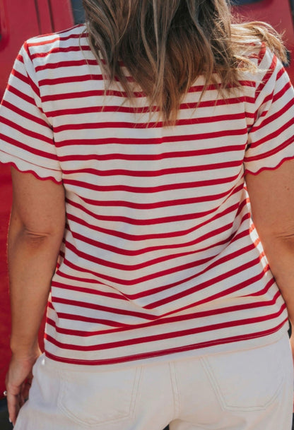 PP22 Red and White Stripe Short Sleeve Top with Scalloped Edge Sleeve Hem and Neckline