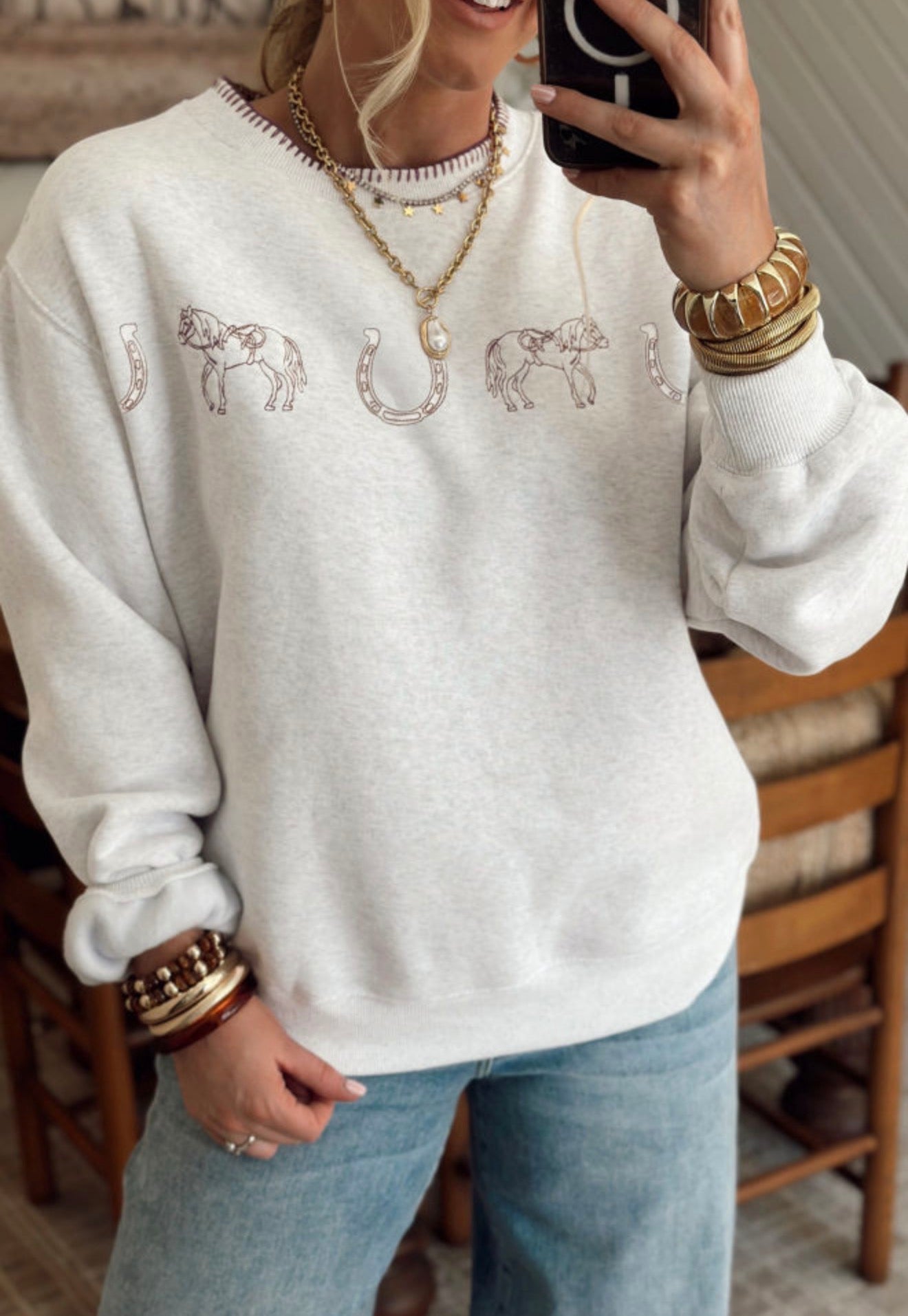 MLWS Western EmbroideredSweatshirt with Blanket Stitch Details
