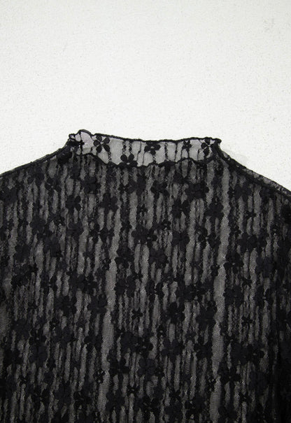 A62 Black Sheer Lace Long Sleeve with Flower Design - Ivy's Gifts & Boutique