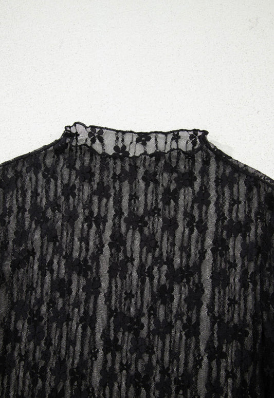A62 Black Sheer Lace Long Sleeve with Flower Design - Ivy's Gifts & Boutique