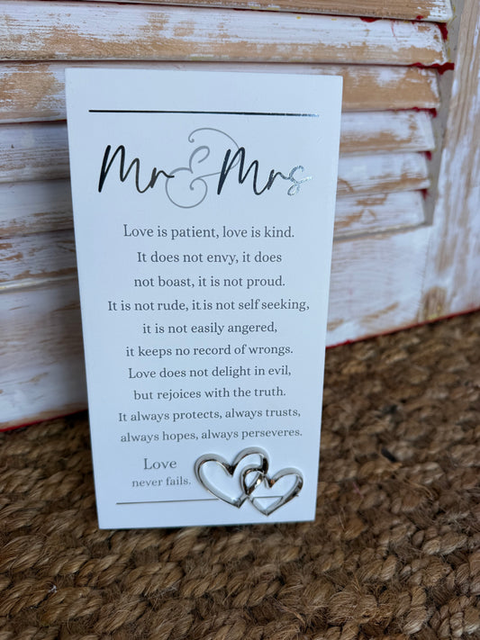 MMS Mr. & Mrs. Love Is Patient sentiment sign with two silver heart embellishments and easel back by Ivy's Gifts & Boutique