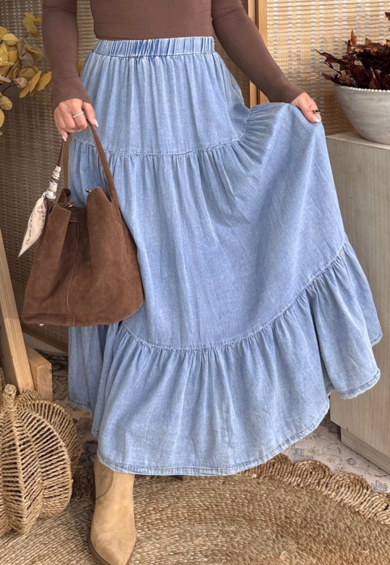 MLDS Denim Maxi Skirt with Ruffle Hem and Elastic Waistband