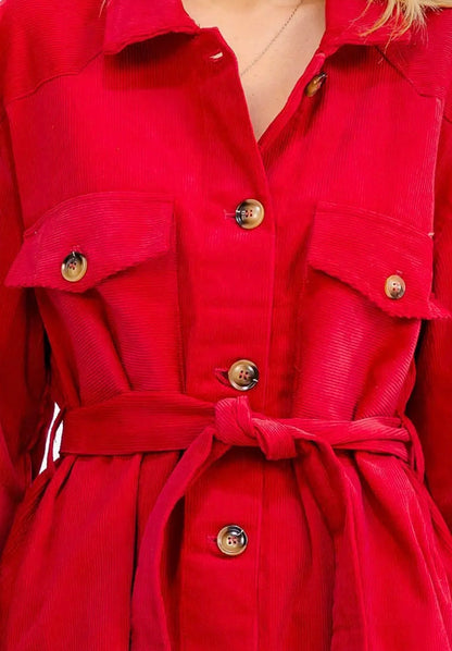 RCSF Red Corduroy Button Up Shirt Dress Shacket