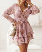 Pink Abstract Printed Belted Dress with Ruffled Hem