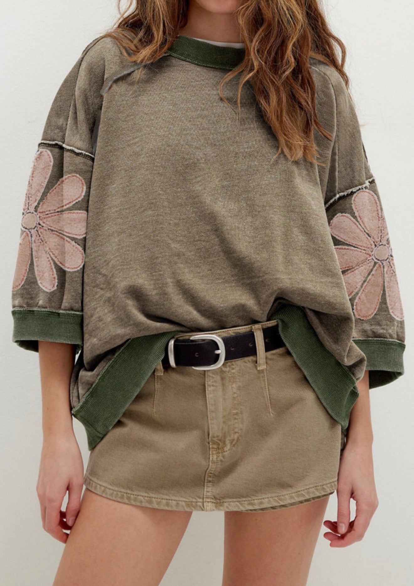 MLFT Acid Wash Olive Green Oversize Top with Flower Detail and Exposed Stiching