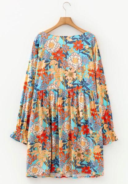 PP36 Floral Print Flowy Mini Dress with Ruffle Long Sleeve and The Softest Most Carefree Fit
