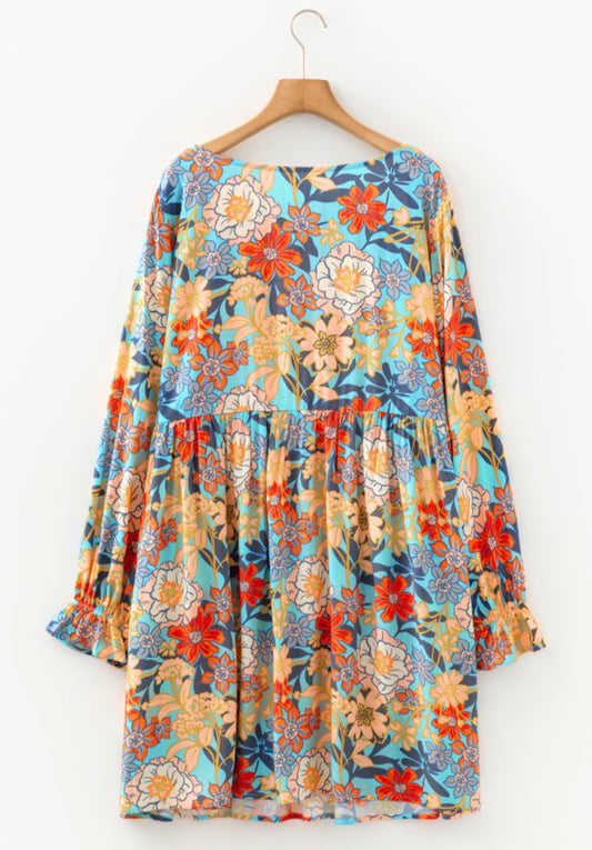 PP36 Floral Print Flowy Mini Dress with Ruffle Long Sleeve and The Softest Most Carefree Fit