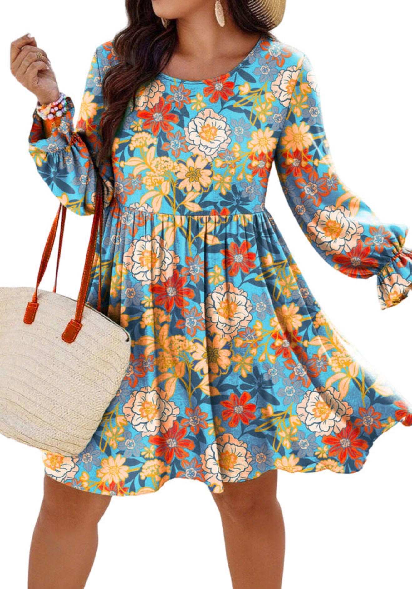 PP36 Floral Print Flowy Mini Dress with Ruffle Long Sleeve and The Softest Most Carefree Fit