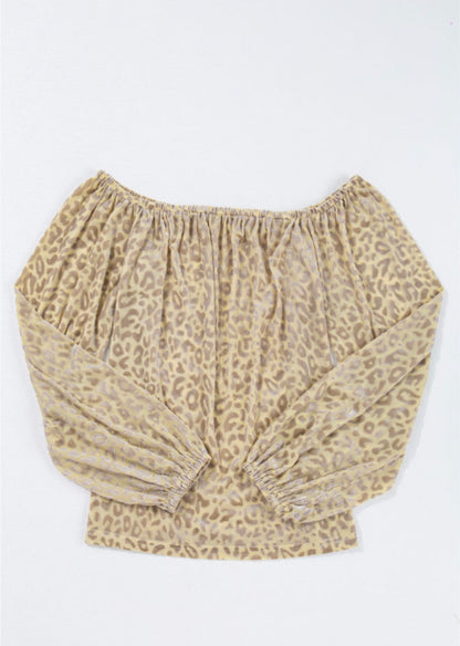 Beige Textured Animal Print Blouse with Elastic Neckline and Cuffs