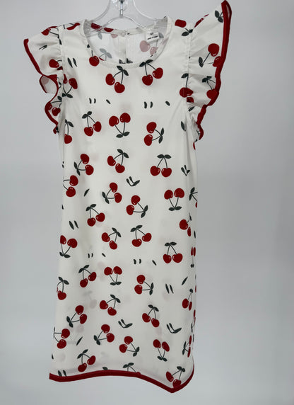 CH3 Children's White Dress with Cherry Print and Ruffle Cap Sleeves