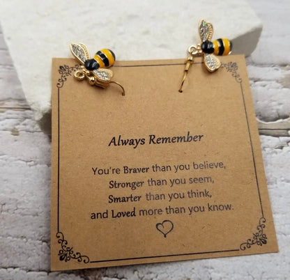 Ivy's Gifts & Boutique BER Bee Always Remember sentiment earrings with card, featuring bee charm and heartfelt message on display