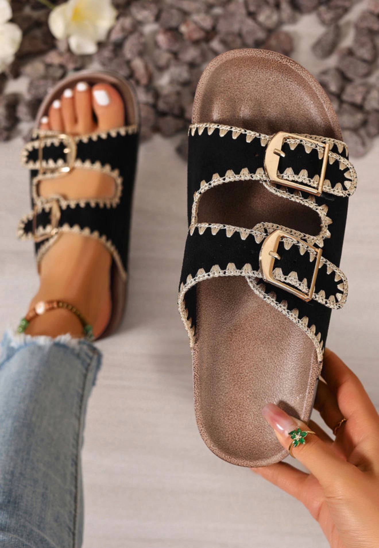 Black embroidered detail double strap sandal from Ivy's Gifts & Boutique, showcasing stylish straps and intricate embroidery.