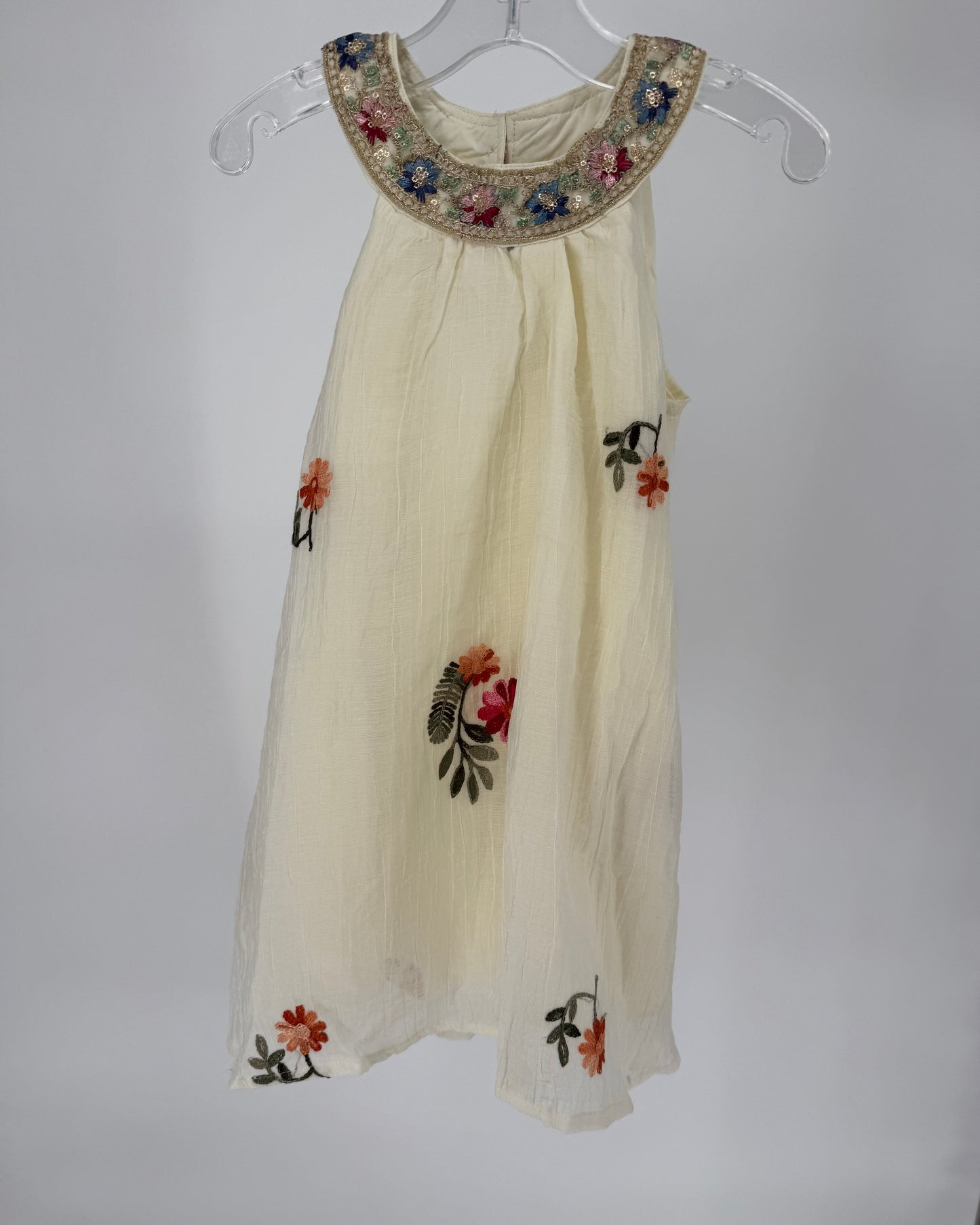 CH6 Toddler Embroidered Floral Gauze Overlay Dress with Lining and Metallic Thread Detail Neckline