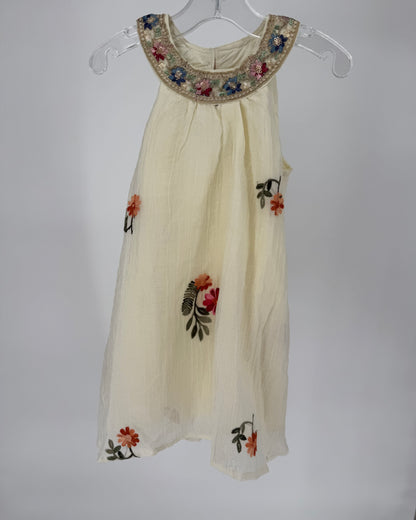 CH6 Toddler Embroidered Floral Gauze Overlay Dress with Lining and Metallic Thread Detail Neckline