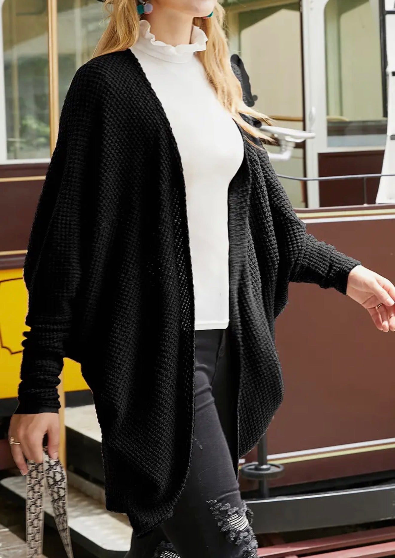 Textured fabric open front cardigan with dolman sleeves from Ivy's Gifts & Boutique, showcasing its stylish, cozy design.