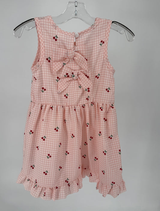 CH12 Infant Toddler Peachy Pink Gingham Cherry Print Lightweight Dress with Back Bow Accents