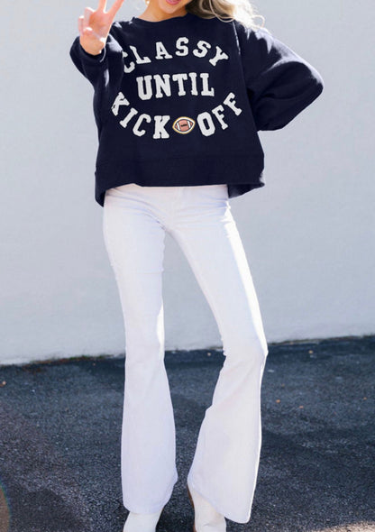 MLCKO Classy Until Kickoff Plush Lettered Cropped Oversized Sweatshirt in Navy