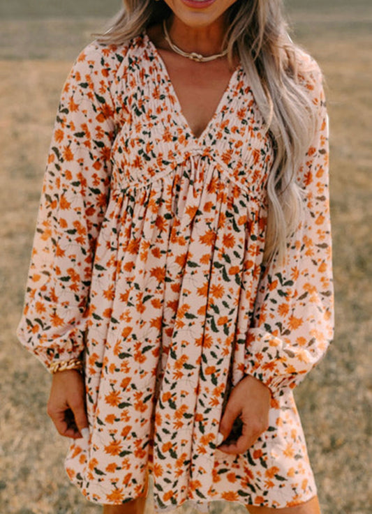 Orange Floral Print V-Neck Dress