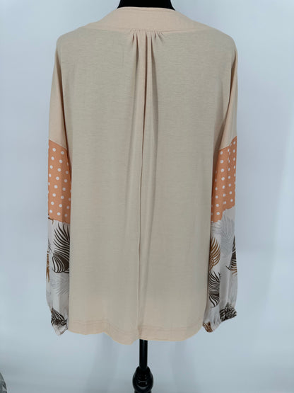 Beige Top with Printed Puff Sleeves Peach and Brown