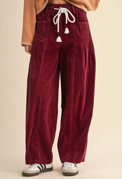 MLCP Burgundy Loose Fit Trendy Pants with Elastic Drawstring Waist