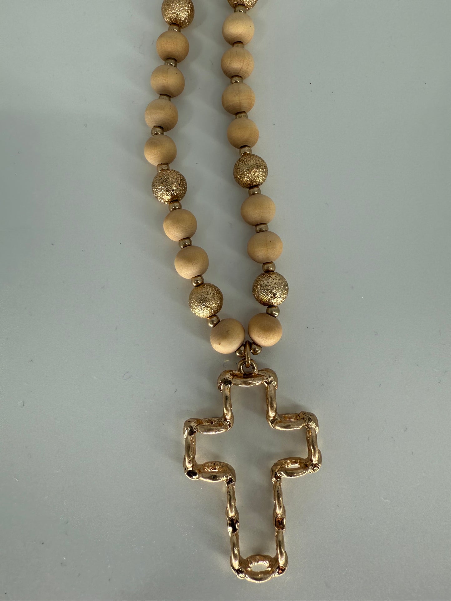Wood and Gold Bead Cross Necklace