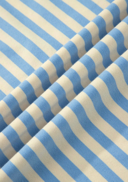Sky blue drop shoulder stripe top with baby pink contrast trim around the neck, by Ivy's Gifts & Boutique.