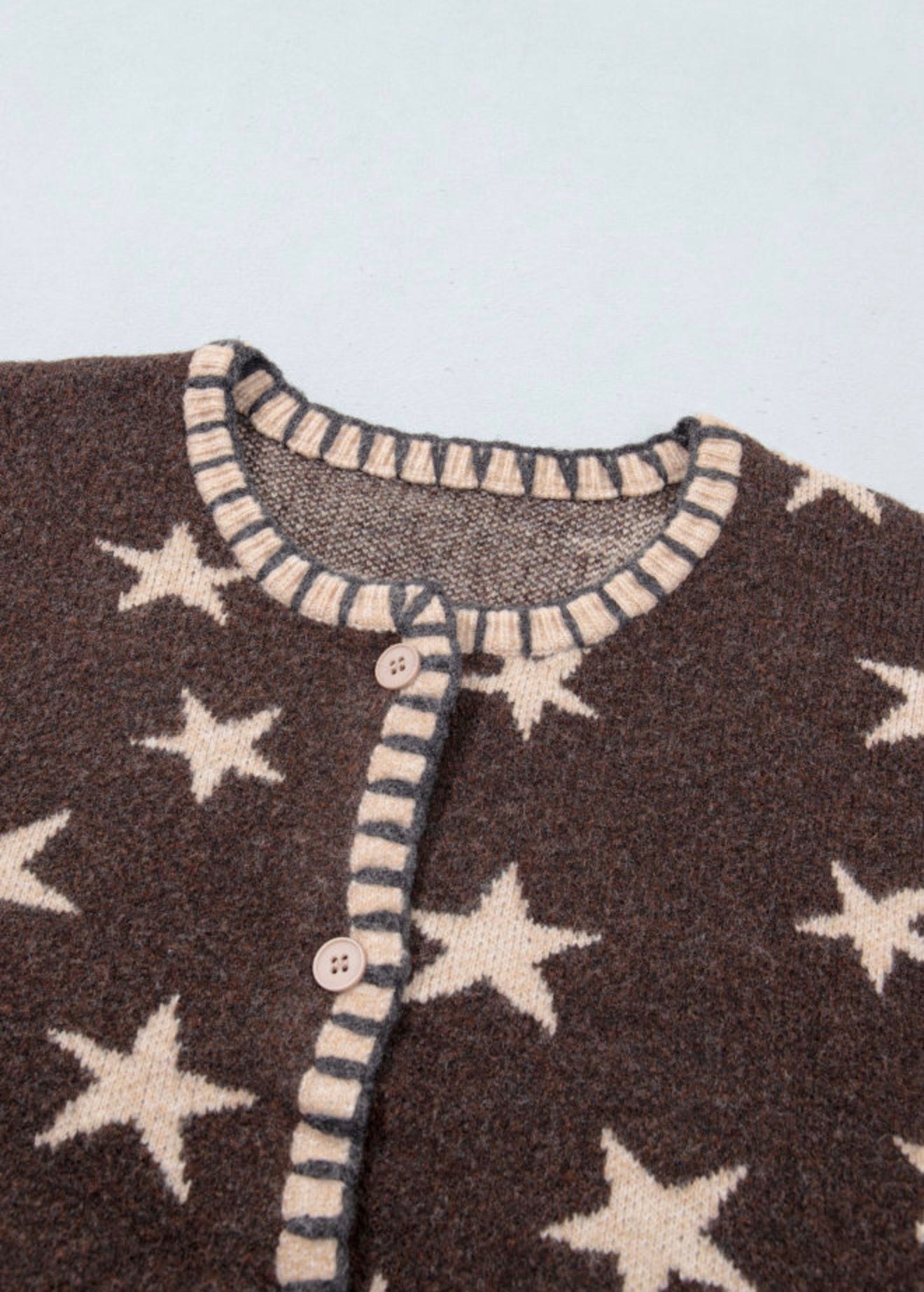 MLSS Brown Button Up Cardigan Sweater with Star Details and Blanket Stiching on Pockets,Cuffs, Neck and Hem