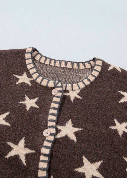 MLSS Brown Button Up Cardigan Sweater with Star Details and Blanket Stiching on Pockets,Cuffs, Neck and Hem