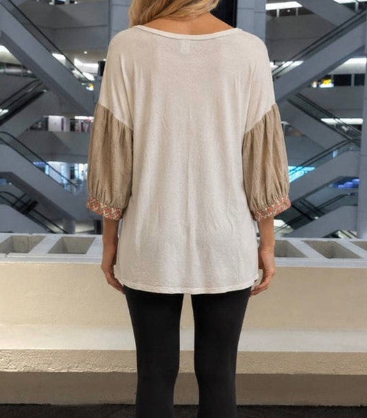 Ivy's Gifts & Boutique BL1 Flow Style blouse with 3/4 sleeves and fall print, featuring a stylish, comfortable design.