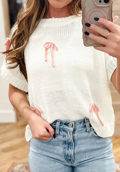 A58 Ivory Lightweight Spring Sweater with Bow Accents