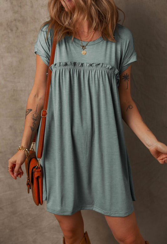 Green Ruffle Gathered T Shirt Dress