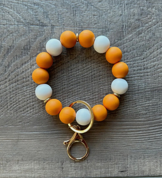Orange and White Silicone Beaded Wristlet Key Ring with Claw Clip