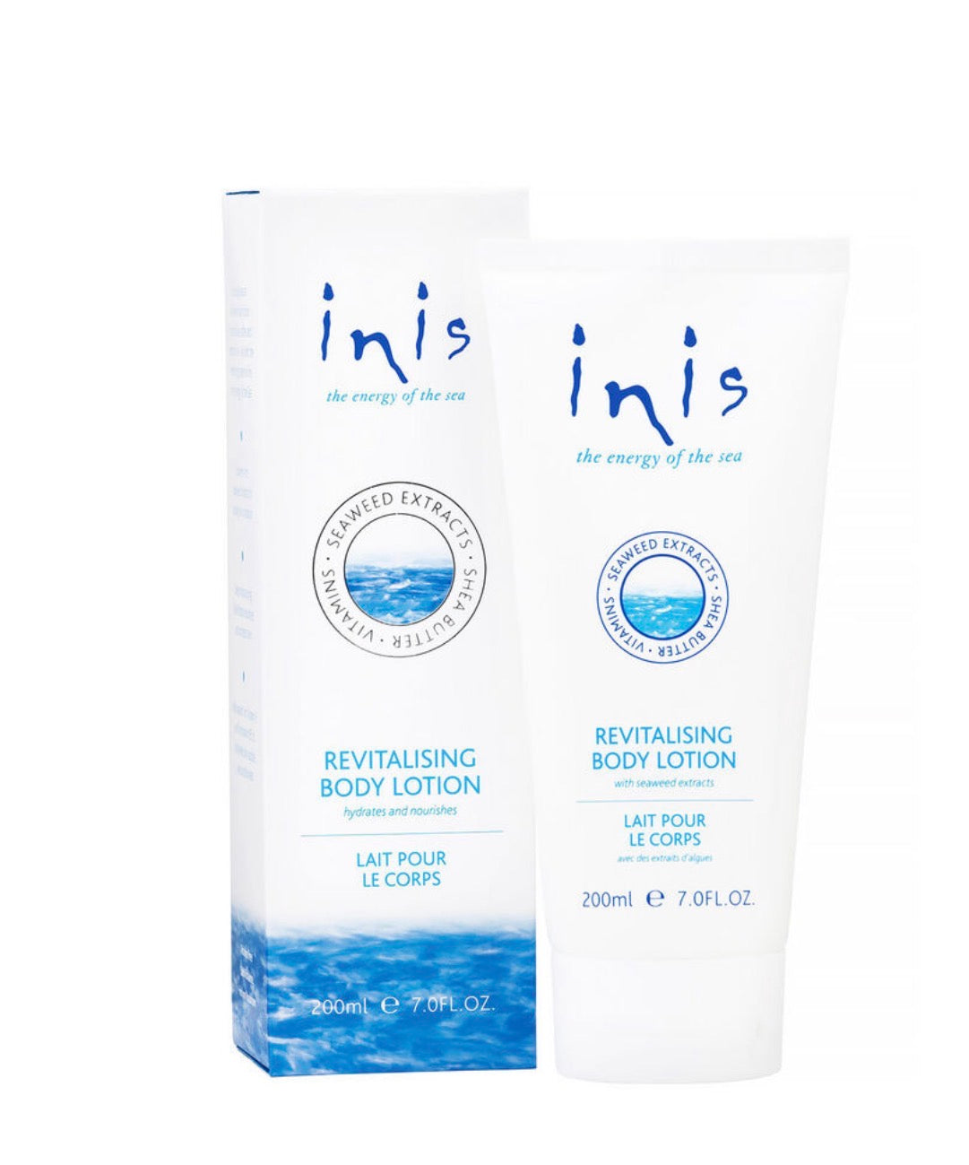 Inis bath and body products set with bottles of lotion and shower gel, featuring clean, fresh packaging from Ivy's Gifts & Boutique.